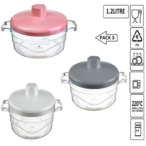 Lot De 3 Bol Plastique Alimentaire PS6 Pour Micro-onde 1.2L Rose-Blanc-Gris